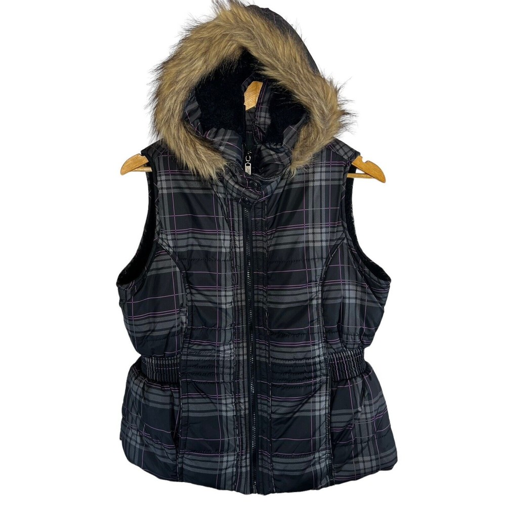 YMI Puffer Vest Lined Full Zip Faux Fur Removable Hood Black Purple Women XL